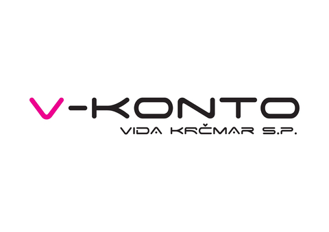 Logotip V-Konto z rožnatim poudarkom